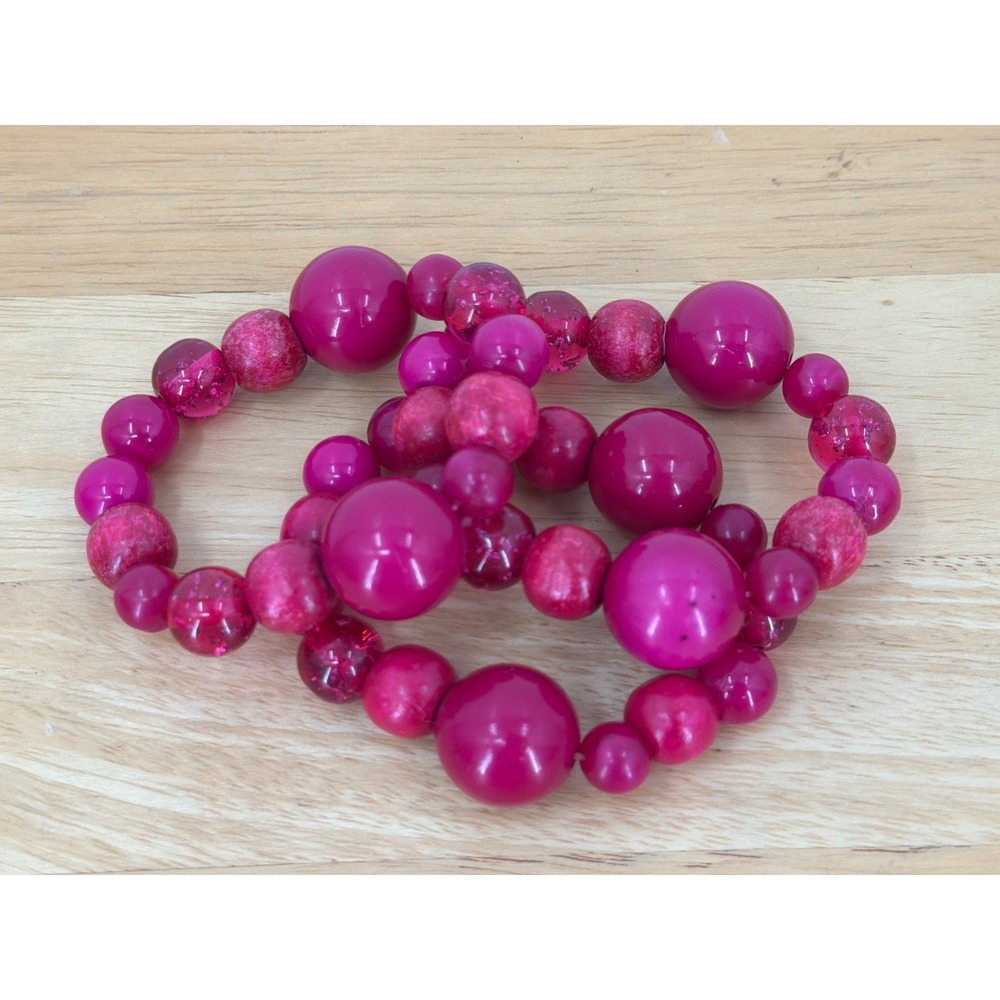 Magenta Pink Beaded Stretch Bracelet Set 3 Piece Mixed Texture Statement Jewelry